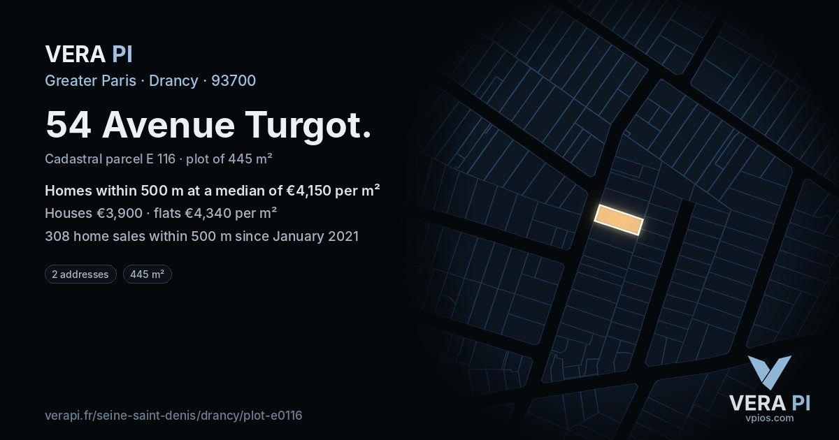 54 Avenue Turgot, Drancy at night – the plot lit, the parcels around coloured by the prices near them