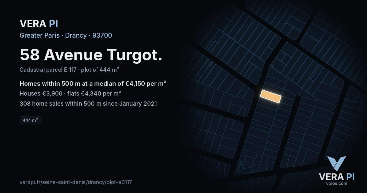 58 Avenue Turgot, Drancy at night – the plot lit, the parcels around coloured by the prices near them