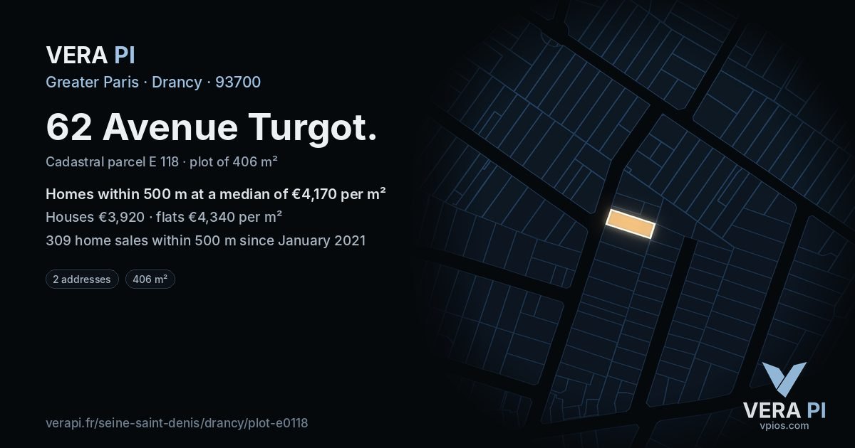 62 Avenue Turgot, Drancy at night – the plot lit, the parcels around coloured by the prices near them