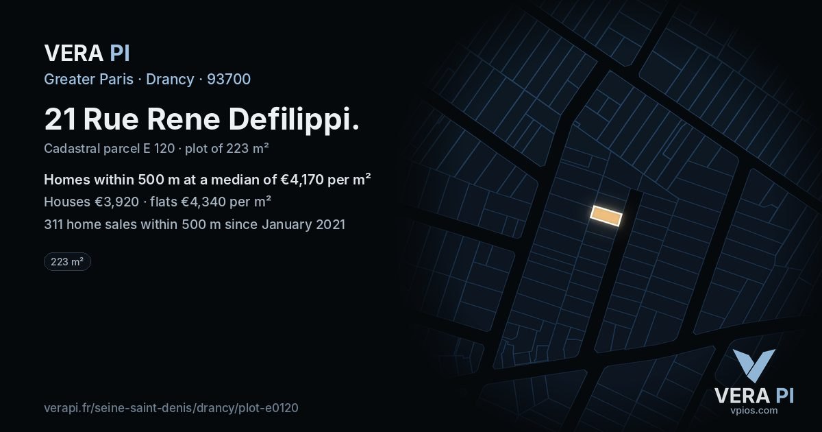 21 Rue Rene Defilippi, Drancy at night – the plot lit, the parcels around coloured by the prices near them