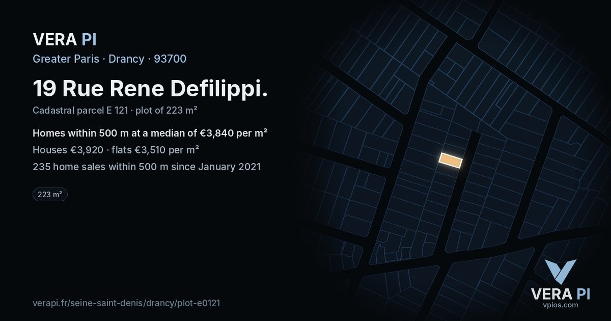 19 Rue Rene Defilippi, Drancy at night – the plot lit, the parcels around coloured by the prices near them