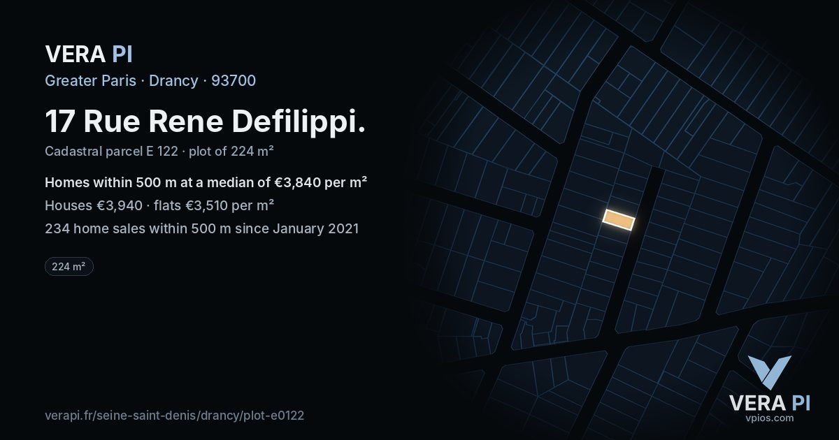 17 Rue Rene Defilippi, Drancy at night – the plot lit, the parcels around coloured by the prices near them