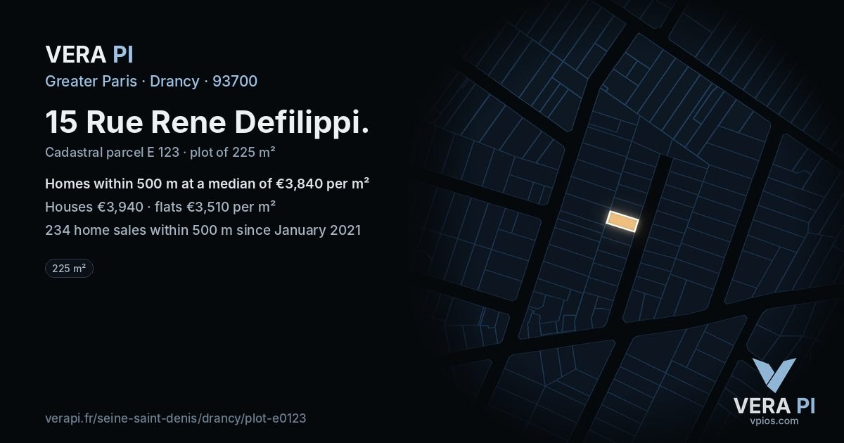 15 Rue Rene Defilippi, Drancy at night – the plot lit, the parcels around coloured by the prices near them