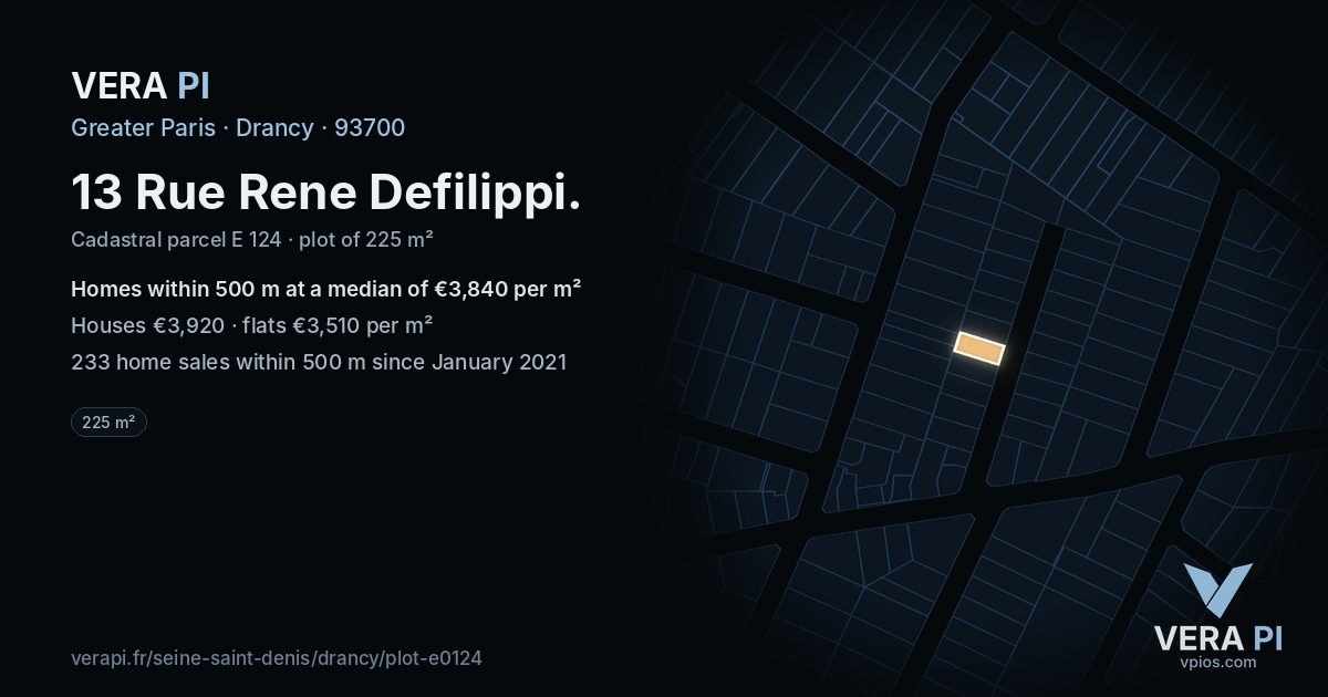 13 Rue Rene Defilippi, Drancy at night – the plot lit, the parcels around coloured by the prices near them