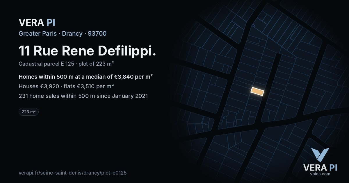 11 Rue Rene Defilippi, Drancy at night – the plot lit, the parcels around coloured by the prices near them