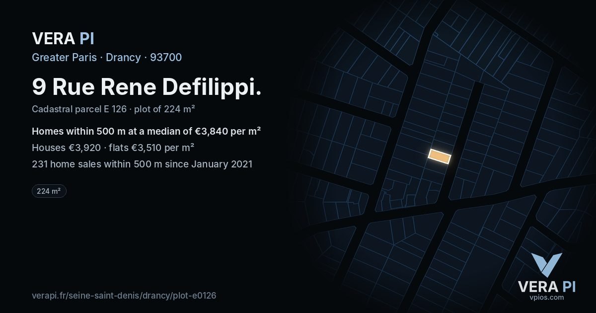 9 Rue Rene Defilippi, Drancy at night – the plot lit, the parcels around coloured by the prices near them