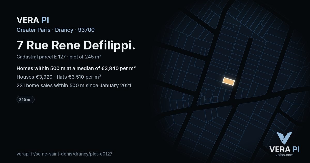 7 Rue Rene Defilippi, Drancy at night – the plot lit, the parcels around coloured by the prices near them