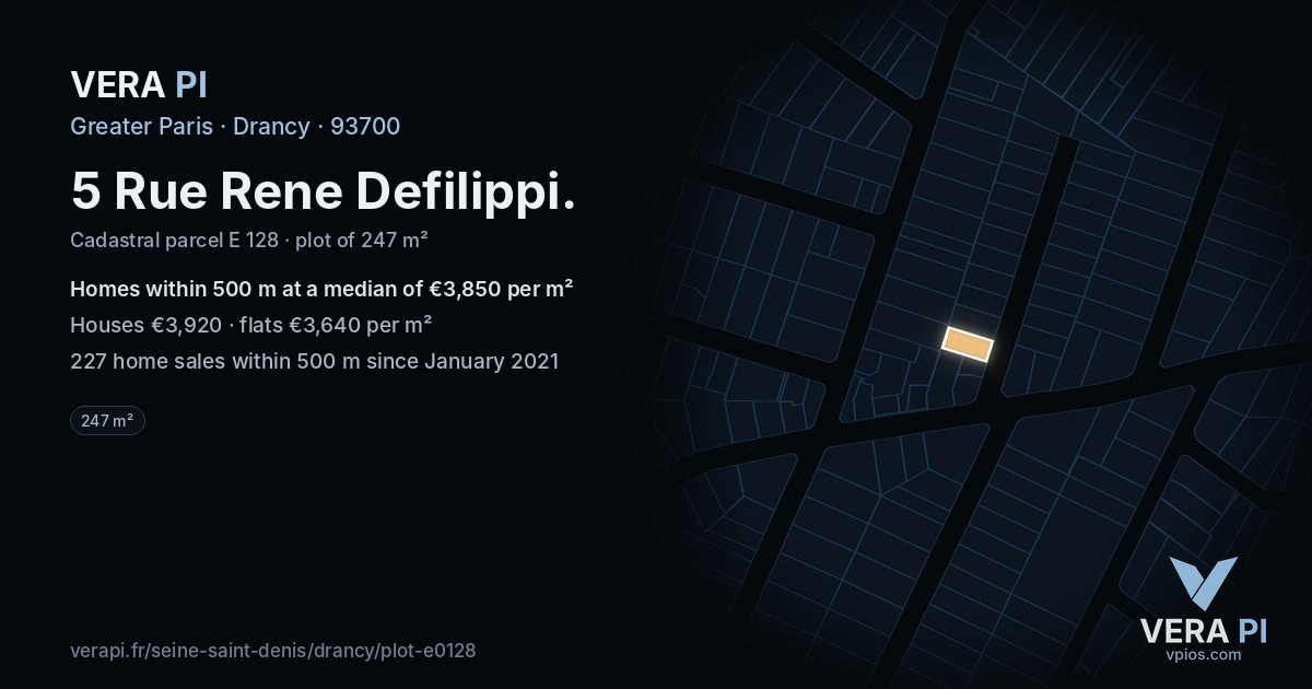 5 Rue Rene Defilippi, Drancy at night – the plot lit, the parcels around coloured by the prices near them