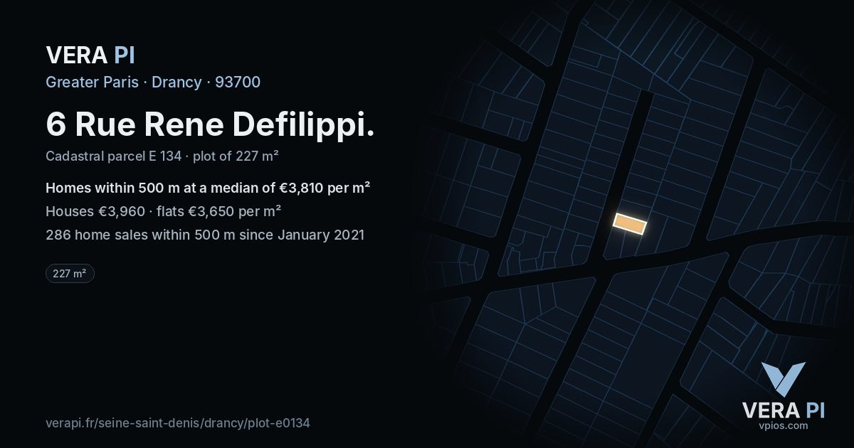 6 Rue Rene Defilippi, Drancy at night – the plot lit, the parcels around coloured by the prices near them