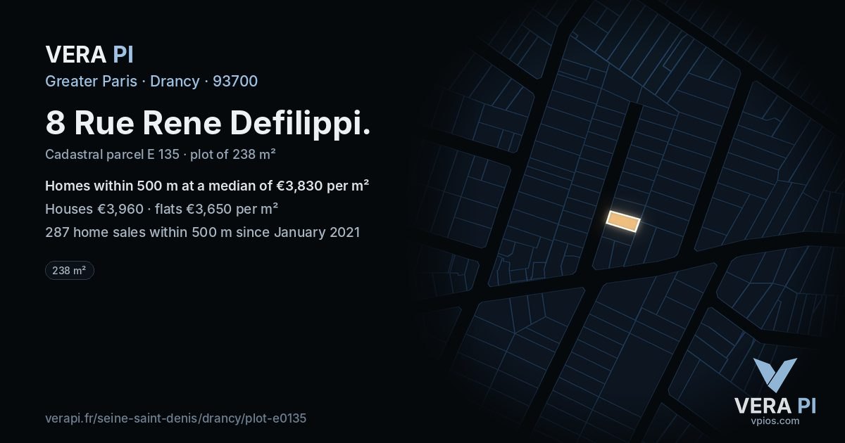 8 Rue Rene Defilippi, Drancy at night – the plot lit, the parcels around coloured by the prices near them