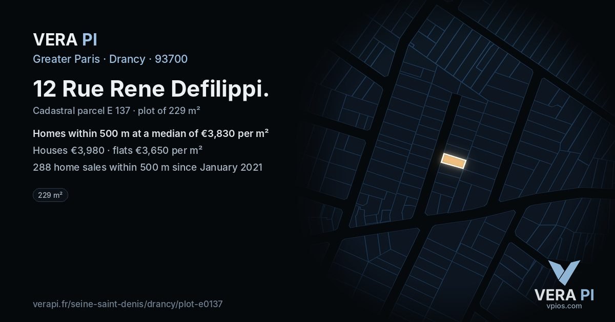 12 Rue Rene Defilippi, Drancy at night – the plot lit, the parcels around coloured by the prices near them