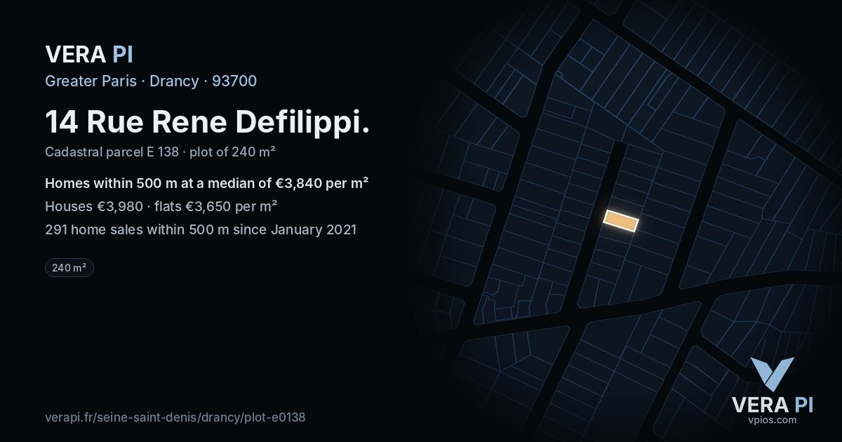 14 Rue Rene Defilippi, Drancy at night – the plot lit, the parcels around coloured by the prices near them