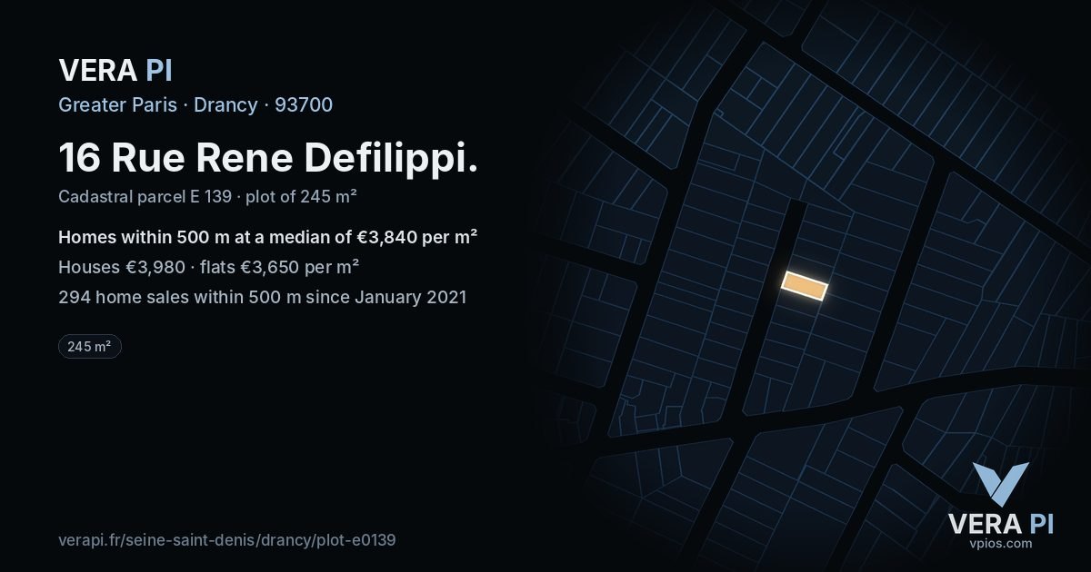 16 Rue Rene Defilippi, Drancy at night – the plot lit, the parcels around coloured by the prices near them