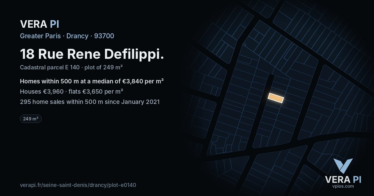 18 Rue Rene Defilippi, Drancy at night – the plot lit, the parcels around coloured by the prices near them
