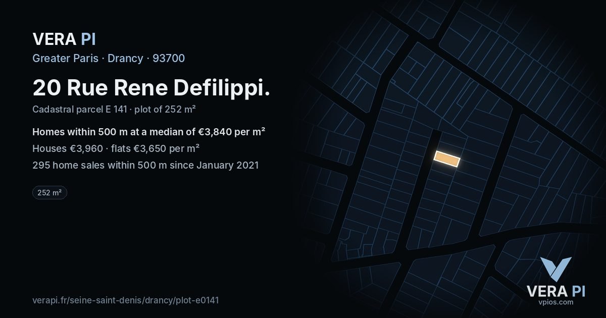 20 Rue Rene Defilippi, Drancy at night – the plot lit, the parcels around coloured by the prices near them