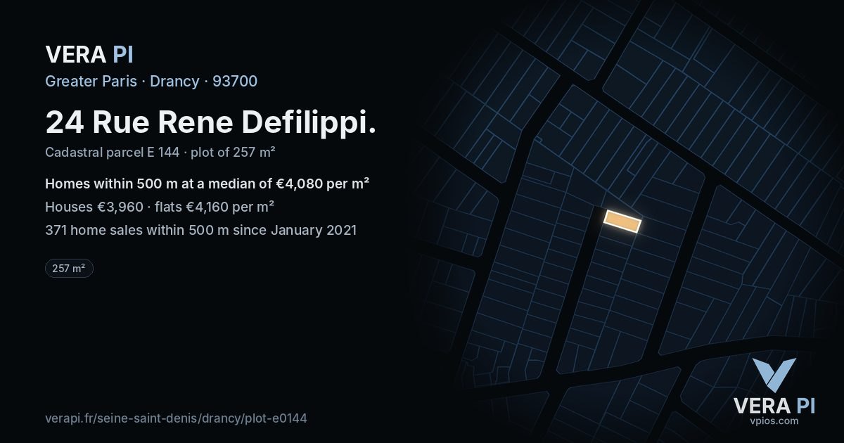 24 Rue Rene Defilippi, Drancy at night – the plot lit, the parcels around coloured by the prices near them