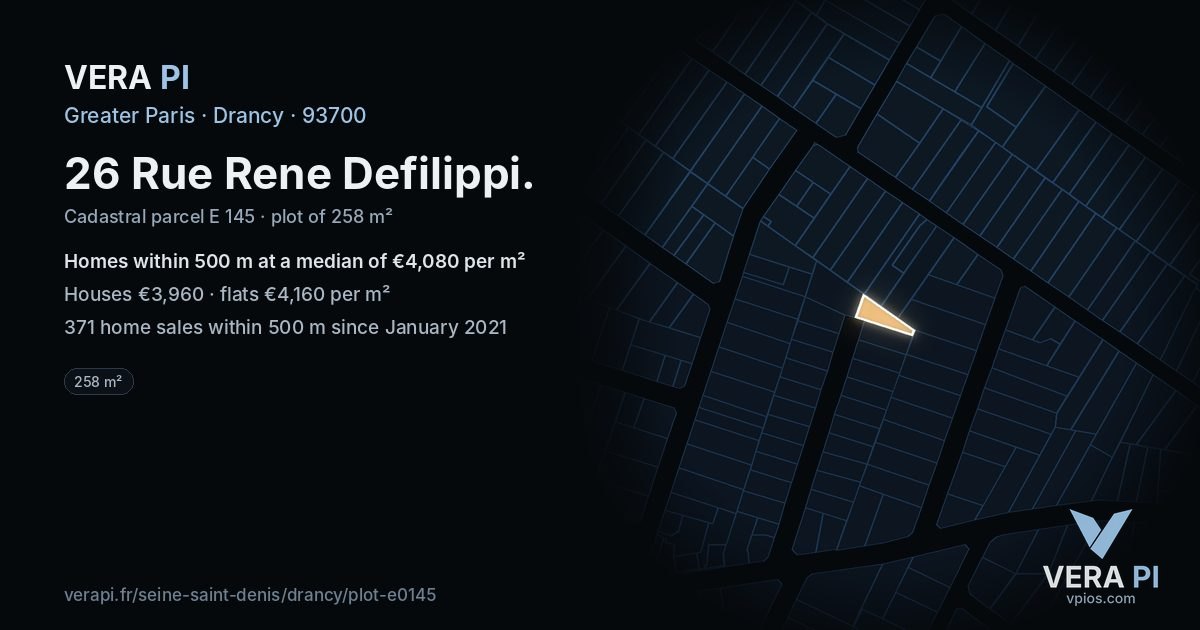 26 Rue Rene Defilippi, Drancy at night – the plot lit, the parcels around coloured by the prices near them