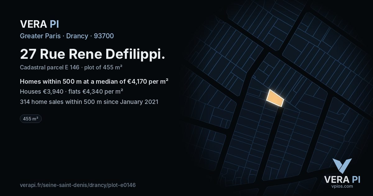 27 Rue Rene Defilippi, Drancy at night – the plot lit, the parcels around coloured by the prices near them