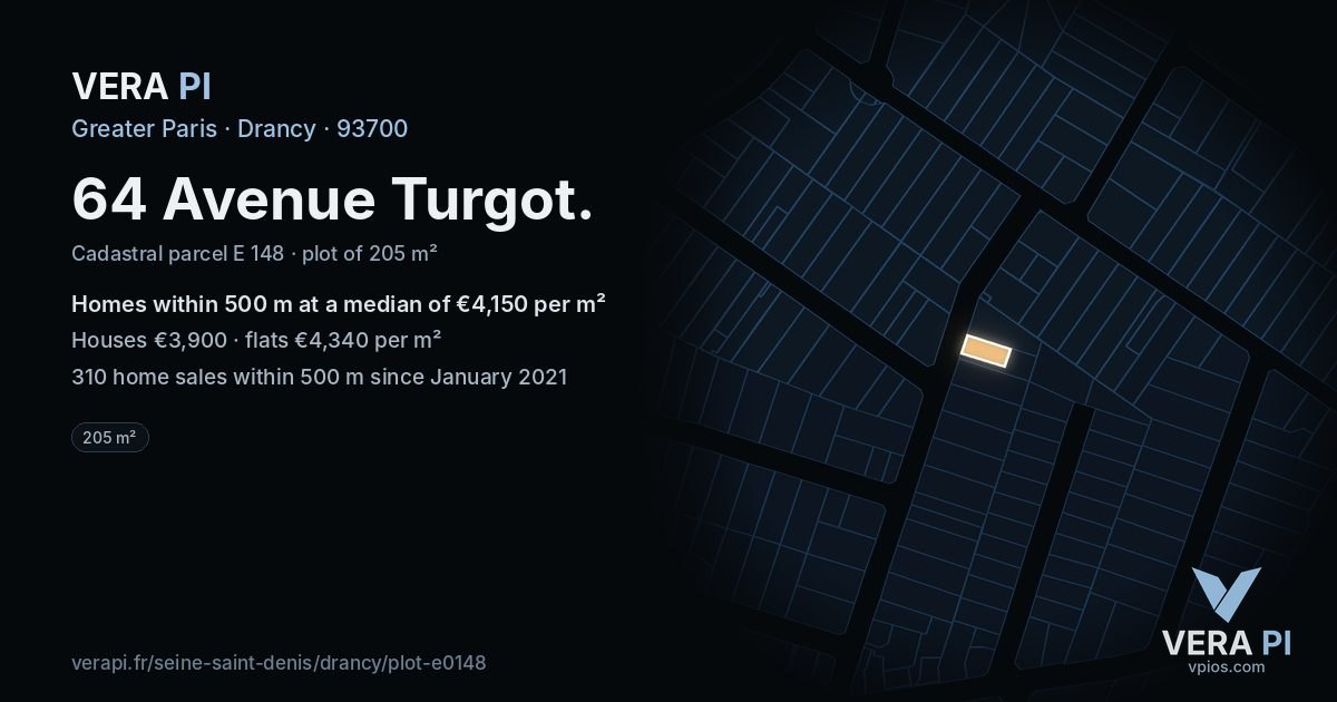 64 Avenue Turgot, Drancy at night – the plot lit, the parcels around coloured by the prices near them
