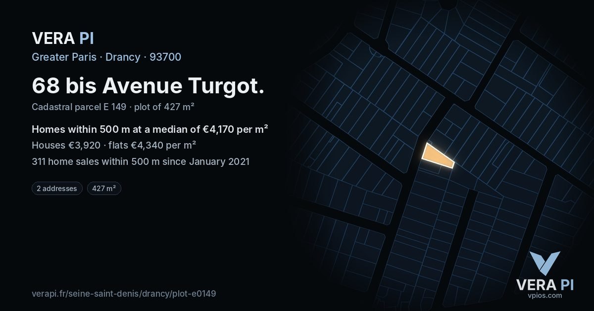 68 bis Avenue Turgot, Drancy at night – the plot lit, the parcels around coloured by the prices near them