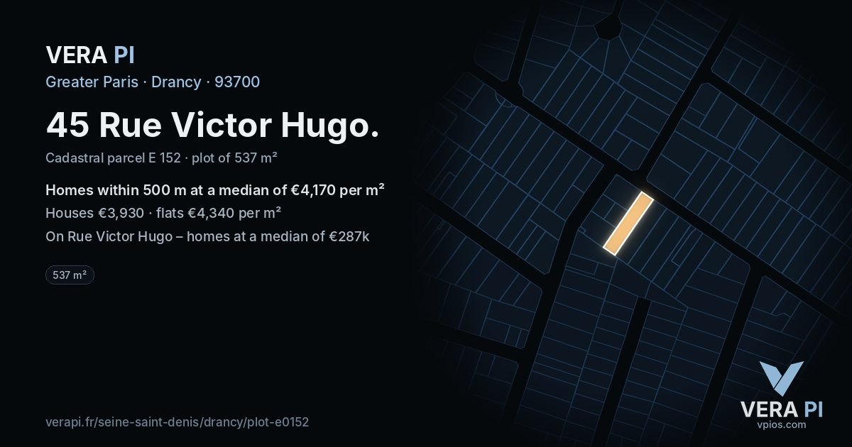 45 Rue Victor Hugo, Drancy at night – the plot lit, the parcels around coloured by the prices near them