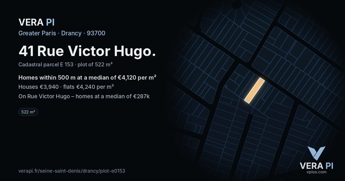 41 Rue Victor Hugo, Drancy at night – the plot lit, the parcels around coloured by the prices near them