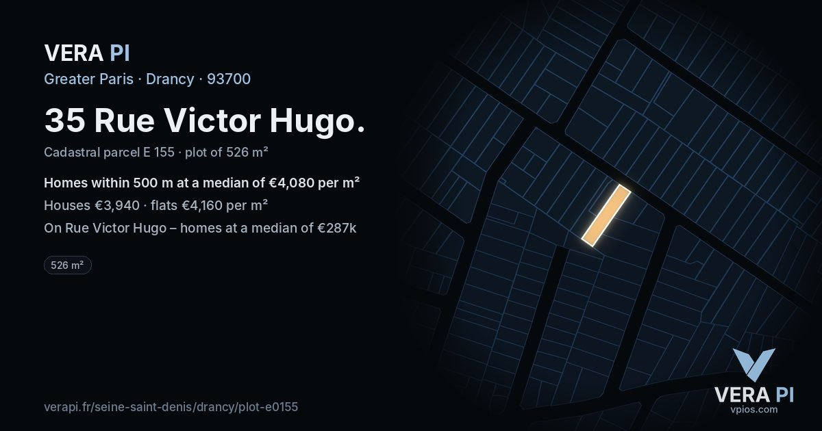 35 Rue Victor Hugo, Drancy at night – the plot lit, the parcels around coloured by the prices near them