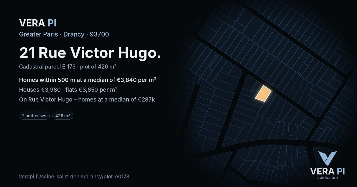 21 Rue Victor Hugo, Drancy at night – the plot lit, the parcels around coloured by the prices near them