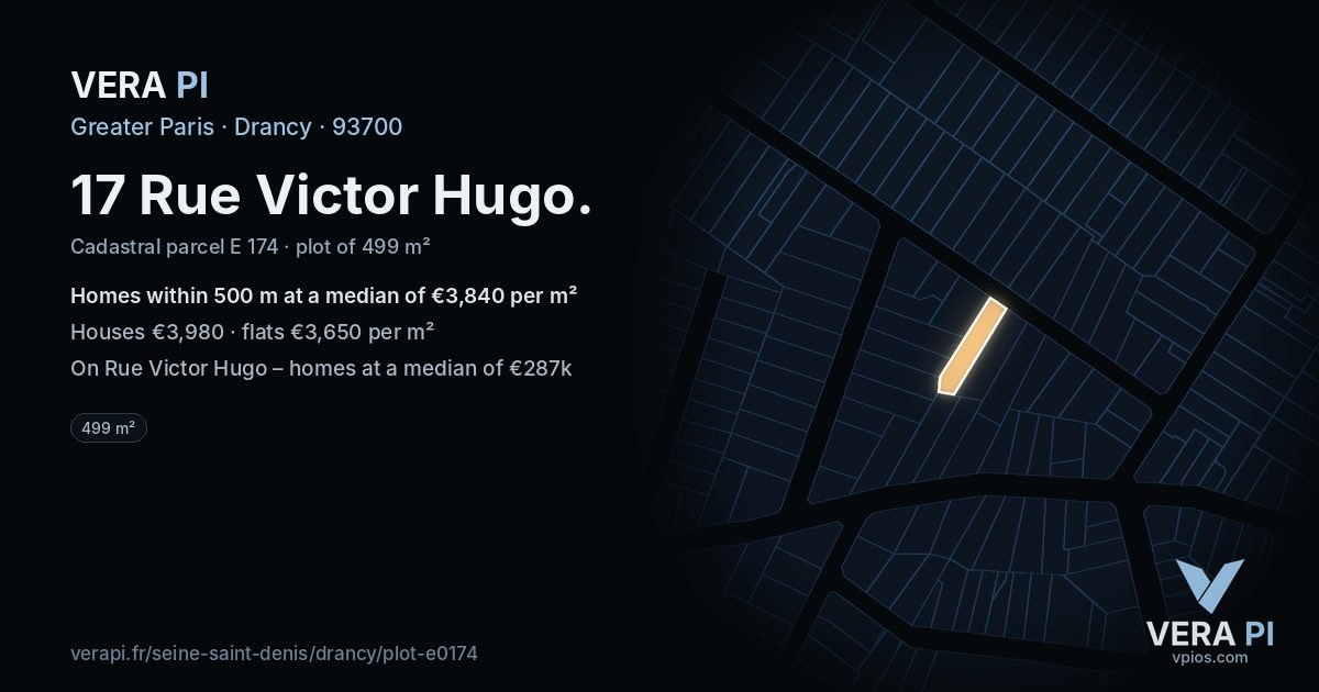 17 Rue Victor Hugo, Drancy at night – the plot lit, the parcels around coloured by the prices near them