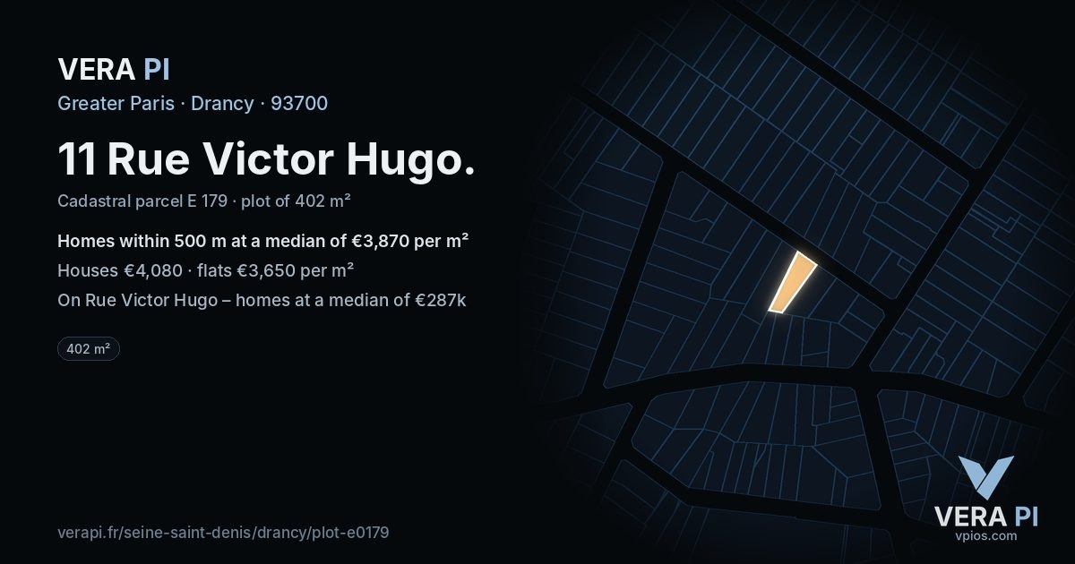 11 Rue Victor Hugo, Drancy at night – the plot lit, the parcels around coloured by the prices near them