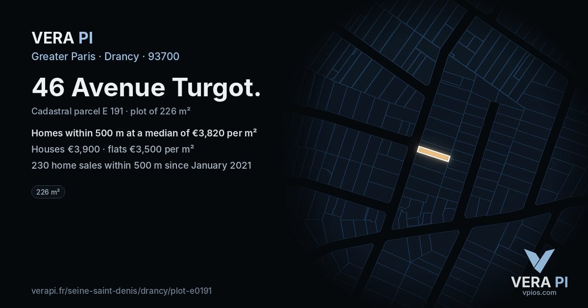 46 Avenue Turgot, Drancy at night – the plot lit, the parcels around coloured by the prices near them