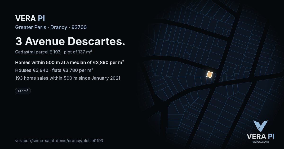3 Avenue Descartes, Drancy at night – the plot lit, the parcels around coloured by the prices near them