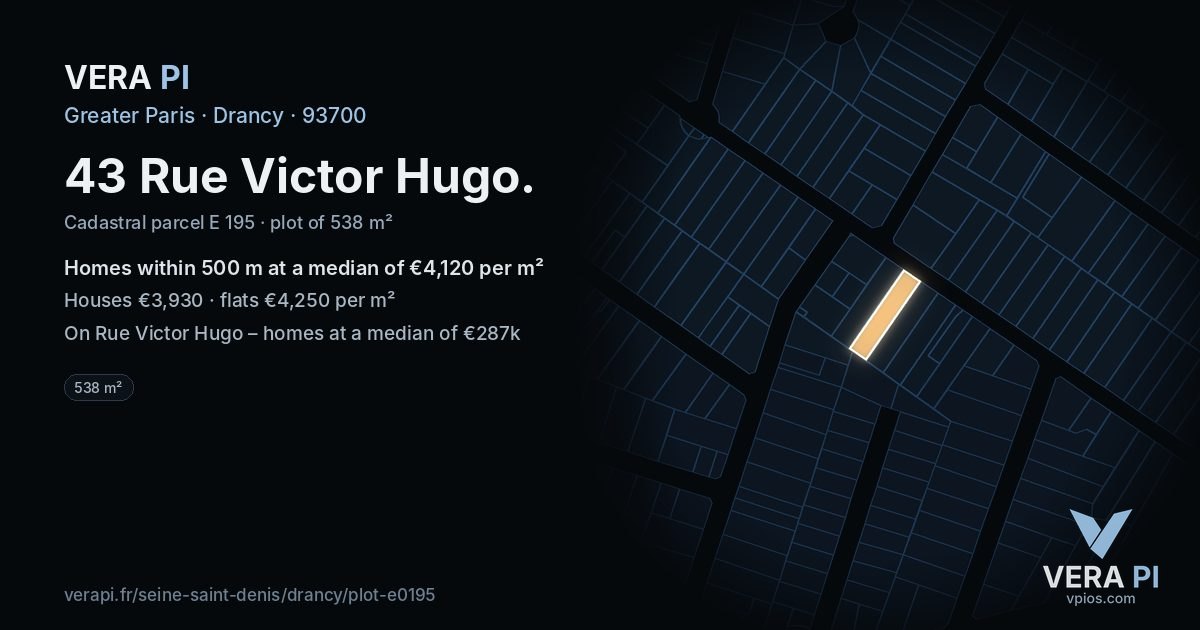 43 Rue Victor Hugo, Drancy at night – the plot lit, the parcels around coloured by the prices near them
