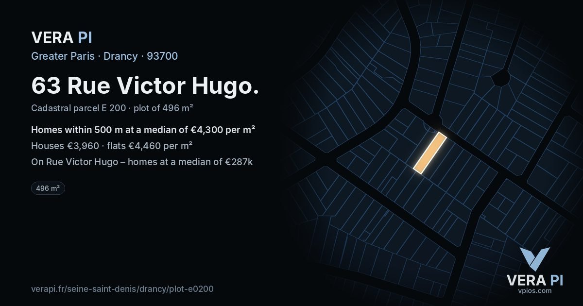 63 Rue Victor Hugo, Drancy at night – the plot lit, the parcels around coloured by the prices near them