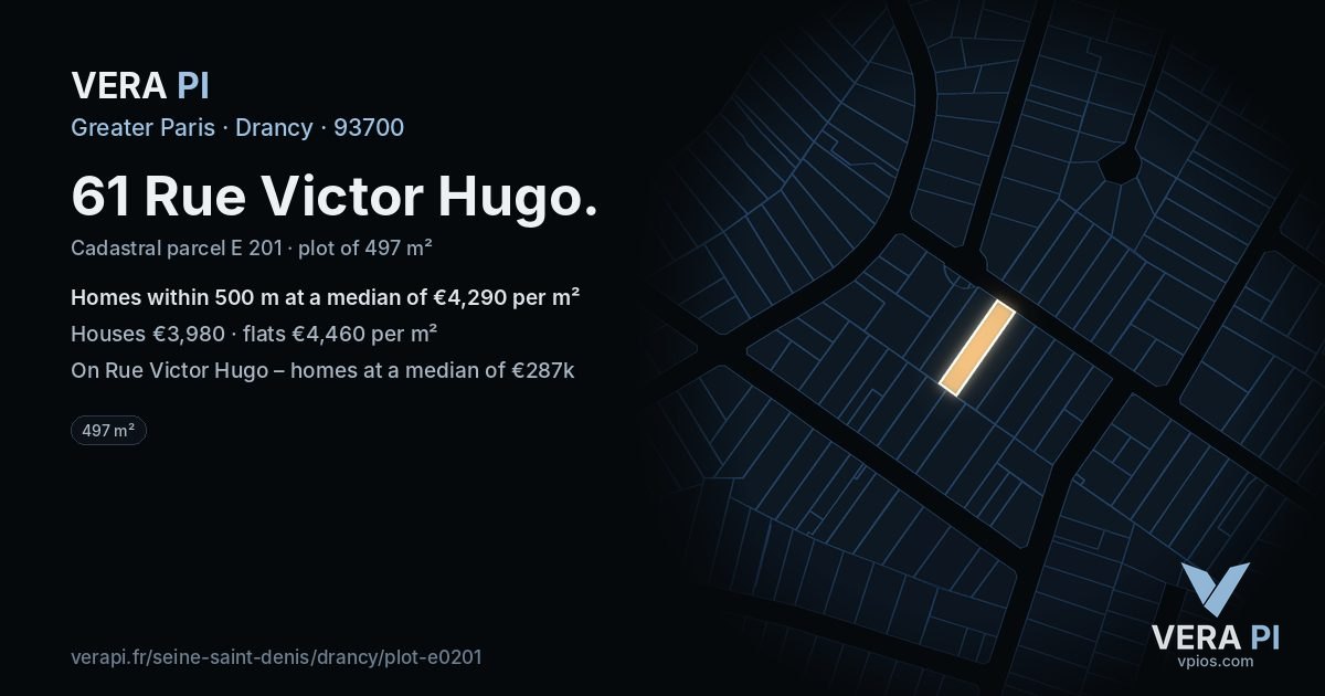 61 Rue Victor Hugo, Drancy at night – the plot lit, the parcels around coloured by the prices near them