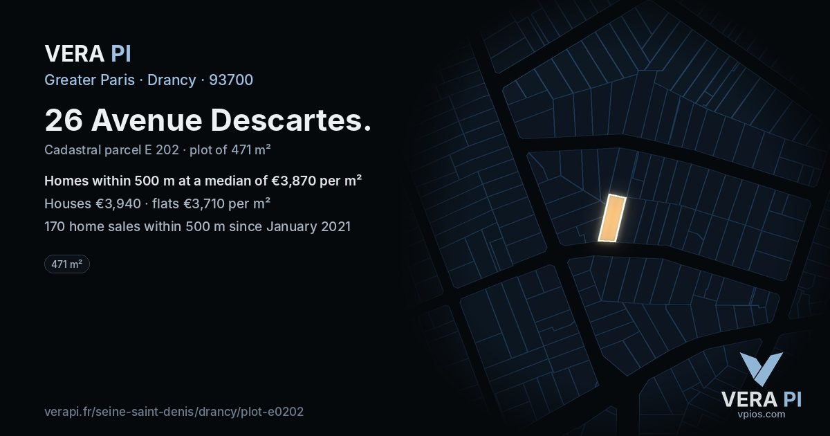 26 Avenue Descartes, Drancy at night – the plot lit, the parcels around coloured by the prices near them