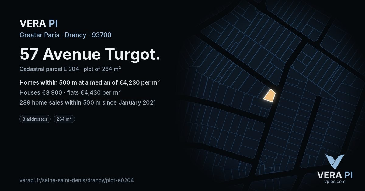 57 Avenue Turgot, Drancy at night – the plot lit, the parcels around coloured by the prices near them