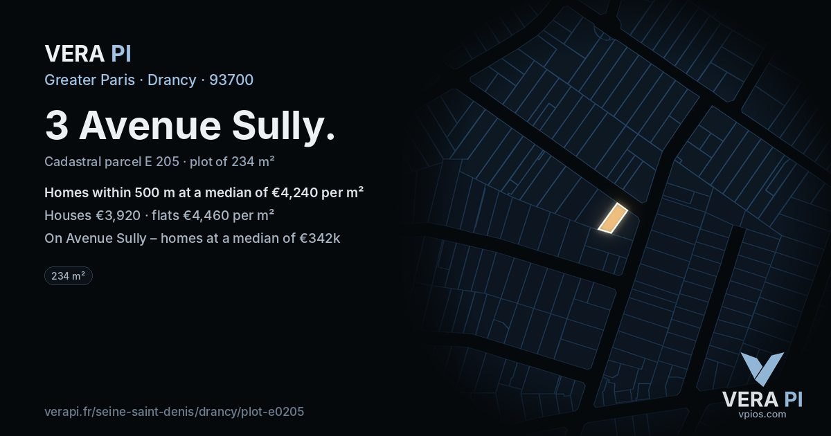3 Avenue Sully, Drancy at night – the plot lit, the parcels around coloured by the prices near them