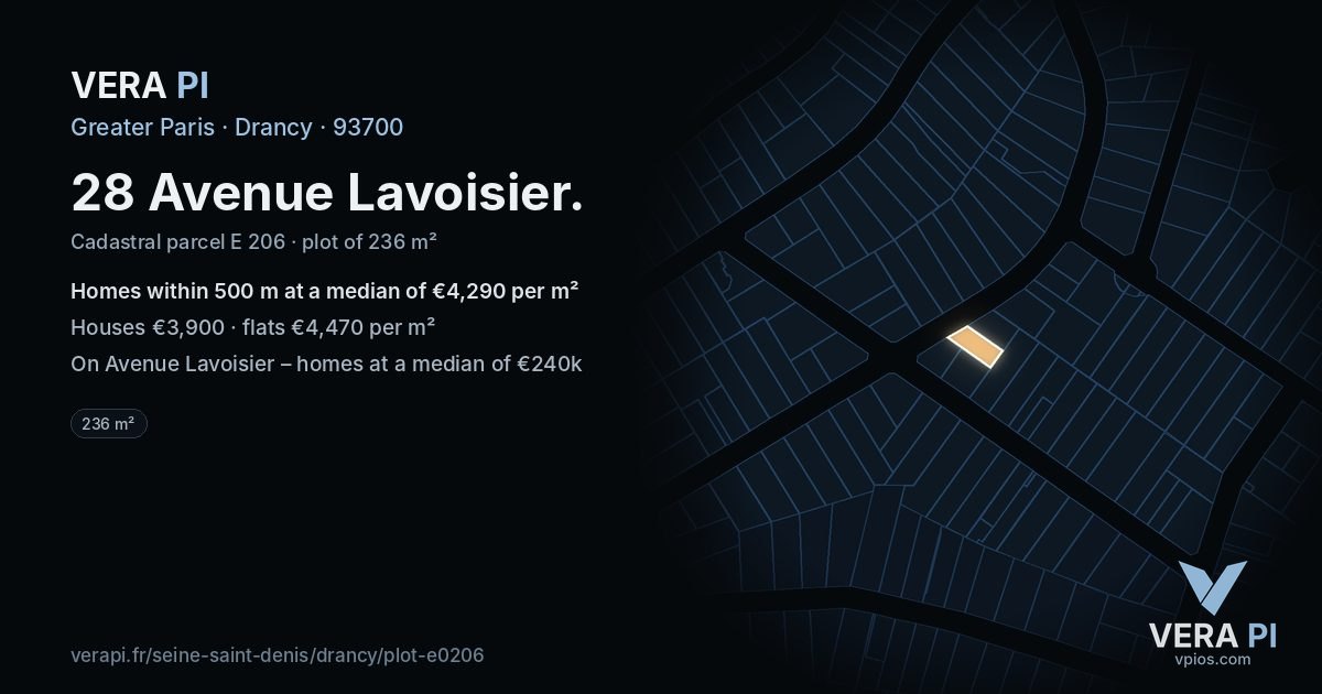 28 Avenue Lavoisier, Drancy at night – the plot lit, the parcels around coloured by the prices near them
