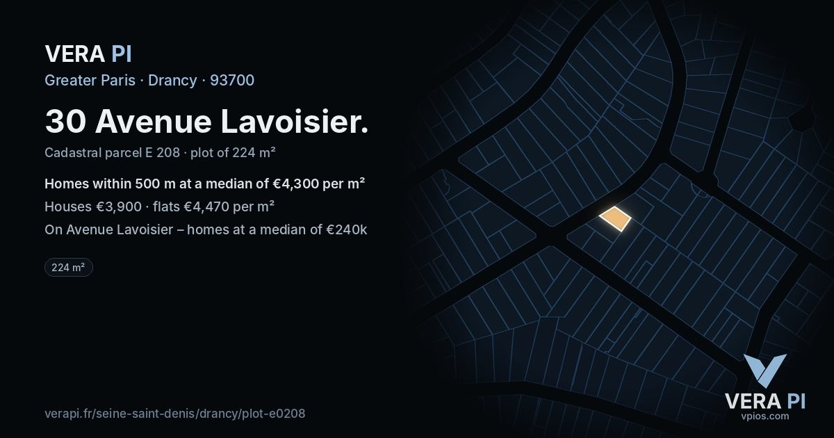 30 Avenue Lavoisier, Drancy at night – the plot lit, the parcels around coloured by the prices near them
