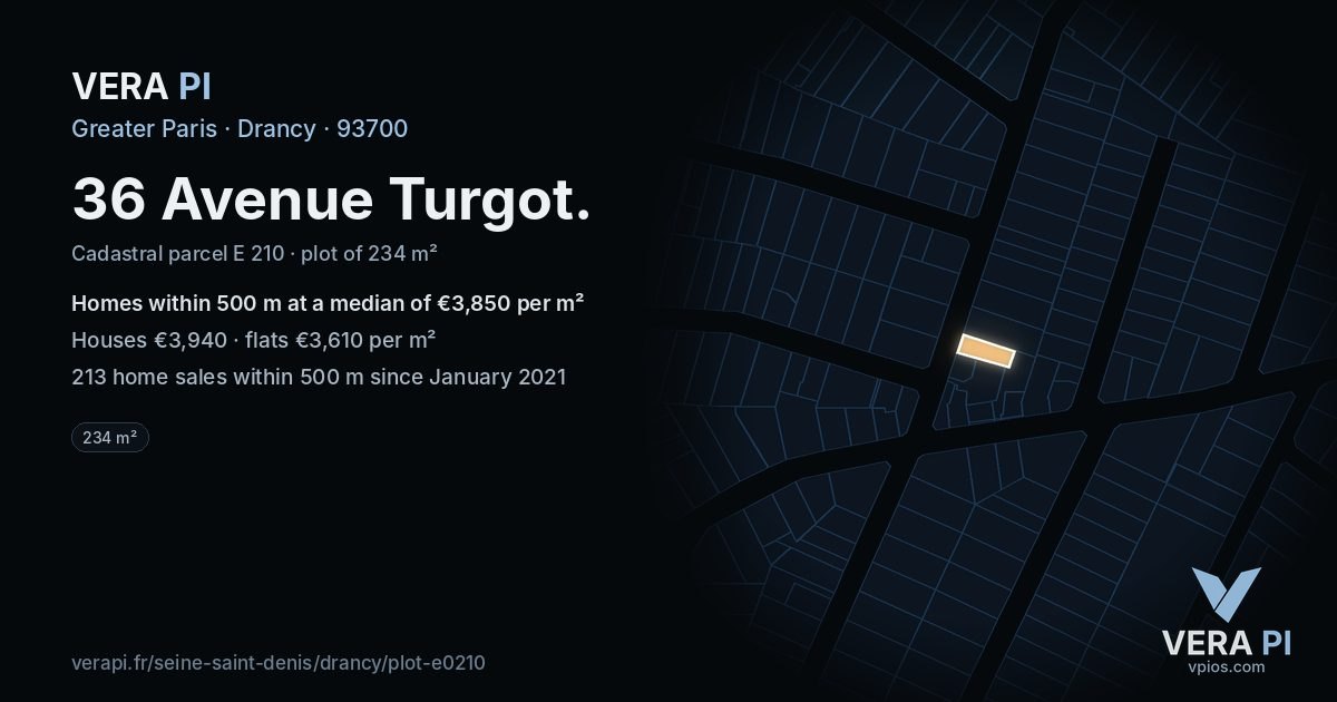 36 Avenue Turgot, Drancy at night – the plot lit, the parcels around coloured by the prices near them