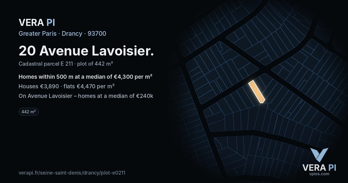 20 Avenue Lavoisier, Drancy at night – the plot lit, the parcels around coloured by the prices near them