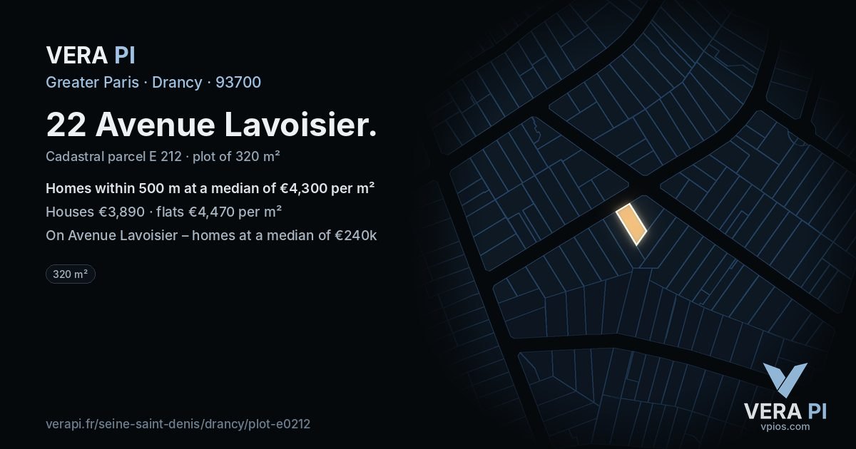 22 Avenue Lavoisier, Drancy at night – the plot lit, the parcels around coloured by the prices near them