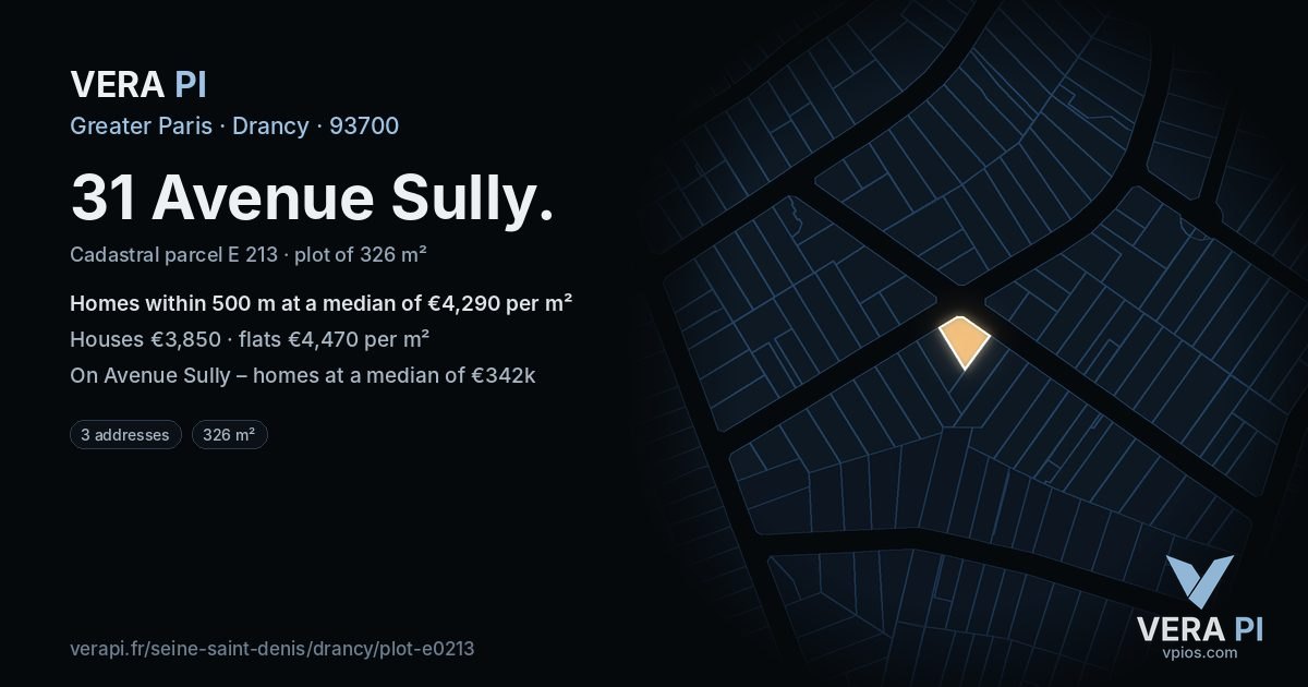 31 Avenue Sully, Drancy at night – the plot lit, the parcels around coloured by the prices near them