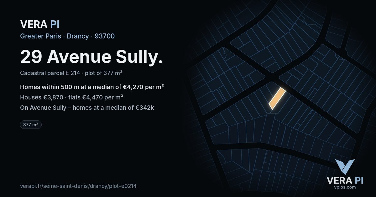 29 Avenue Sully, Drancy at night – the plot lit, the parcels around coloured by the prices near them