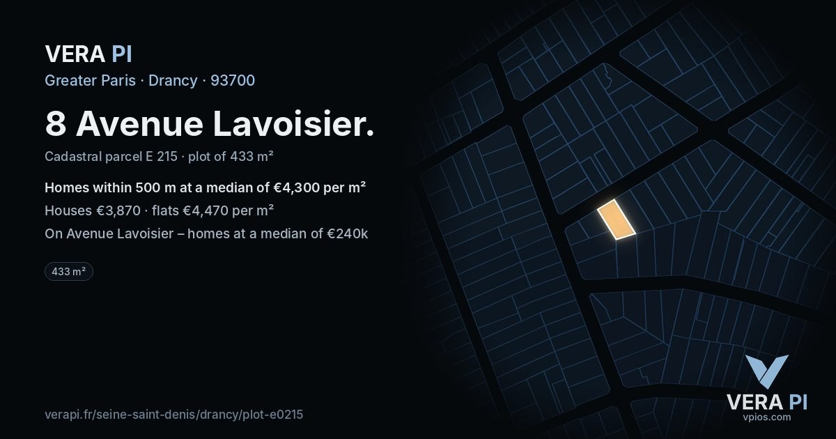 8 Avenue Lavoisier, Drancy at night – the plot lit, the parcels around coloured by the prices near them