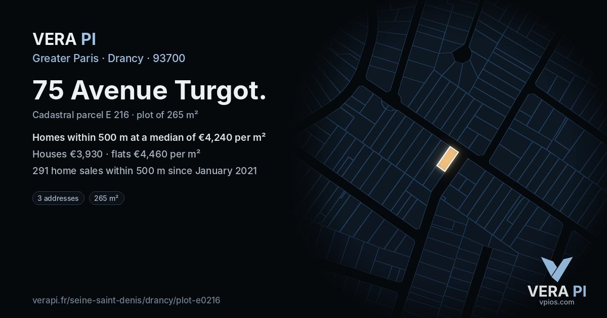 75 Avenue Turgot, Drancy at night – the plot lit, the parcels around coloured by the prices near them