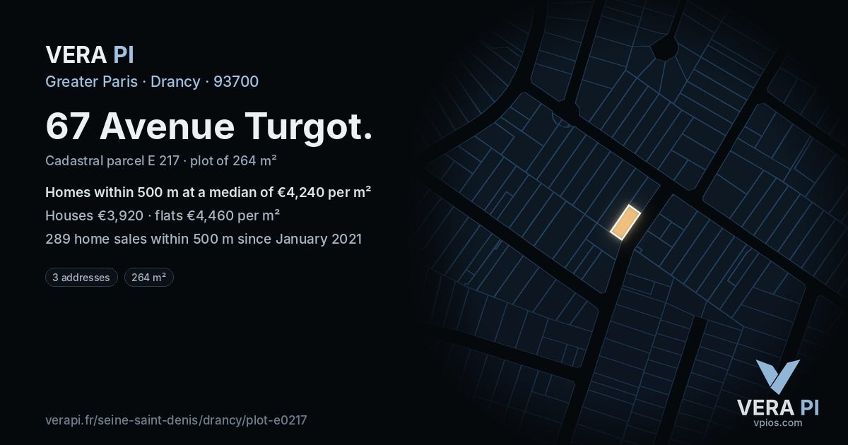 67 Avenue Turgot, Drancy at night – the plot lit, the parcels around coloured by the prices near them