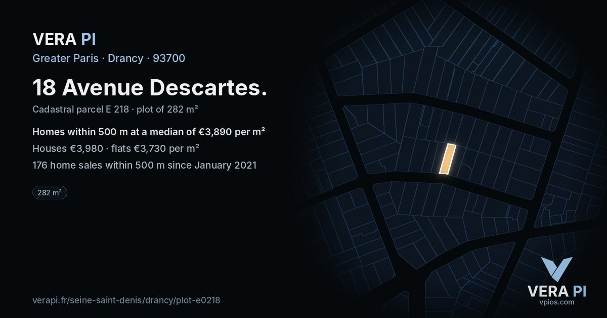 18 Avenue Descartes, Drancy at night – the plot lit, the parcels around coloured by the prices near them