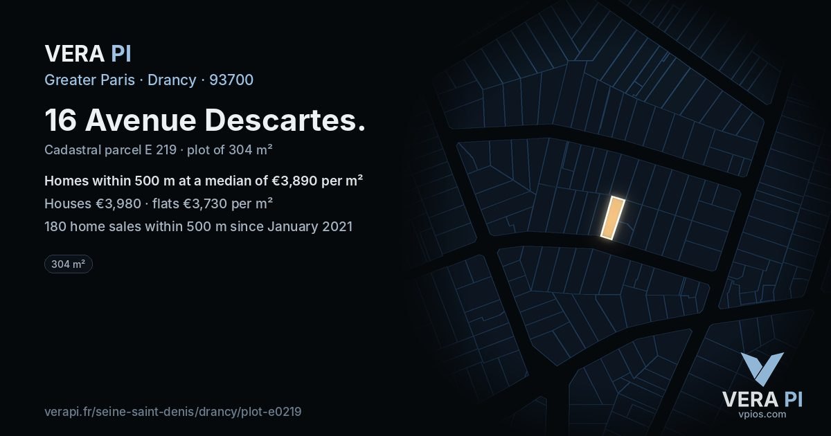 16 Avenue Descartes, Drancy at night – the plot lit, the parcels around coloured by the prices near them